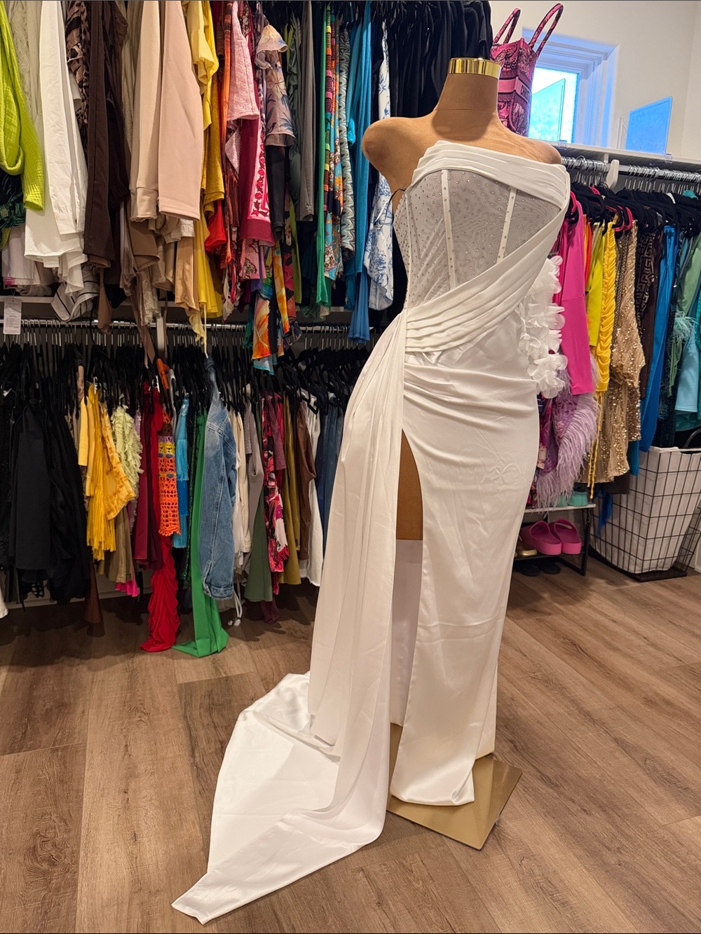 White Strapless Draped Corset Evening Gown